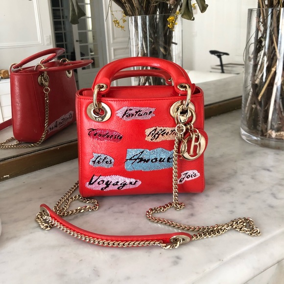 LADY DIOR- mini patent coral w/ beaded embroidery! - Picture 6 of 8